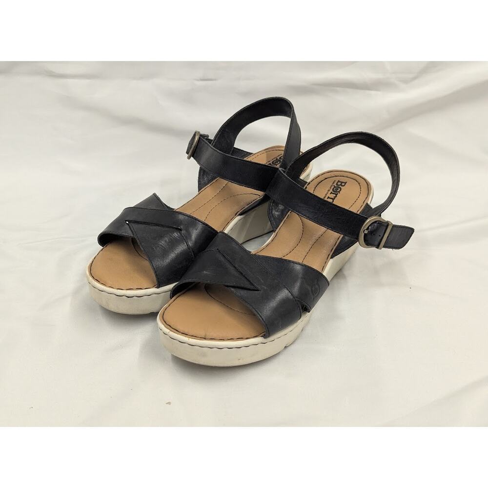 Born Genie Womens Black Leather Hook & Loop Wedges Sandals Shoes 11